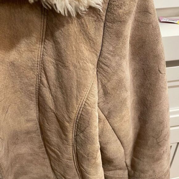Express Jacket Women’s 1/2 Coat Suede Tan Shearling Bomber Mob Wife Aesthetic - Picture 4 of 9